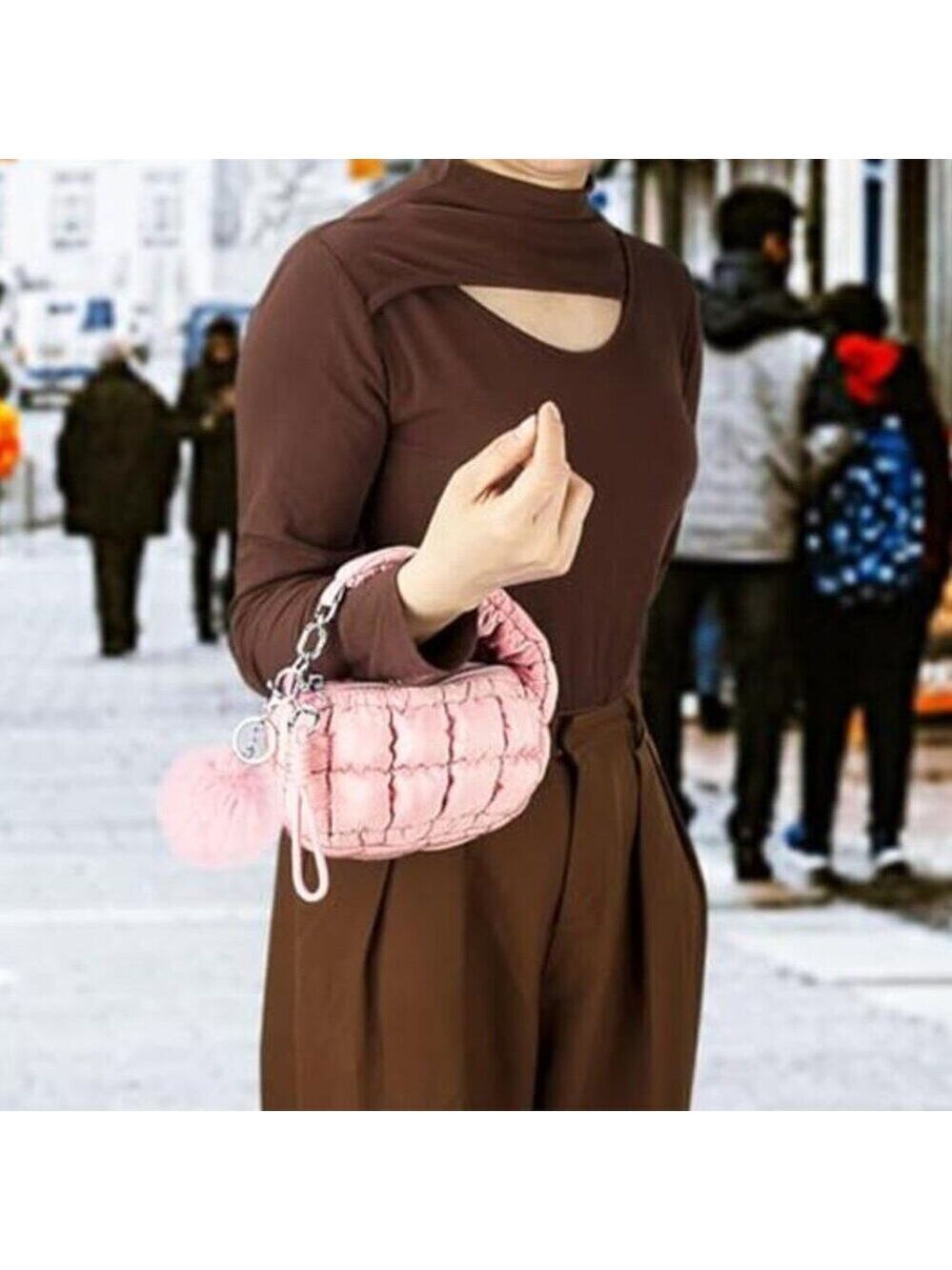 Women Pink Quilted Wristlet Bag Puffer Handbags Purse